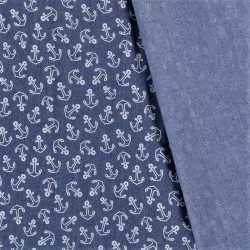Tissu Jean stretch bleu clair imprimé ancres | Tissus Loup