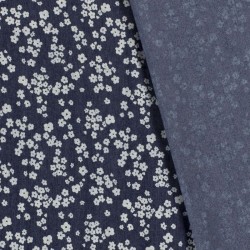 Tissu Jean stretch bleu foncé imprimé petites fleurs blanches | Tissus Loup