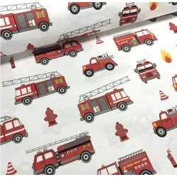 Tissu Camion de Pompiers Fond Blanc | Tissus Loup