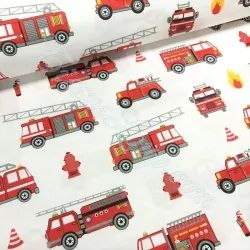 Tissu coton Camion de Pompiers Fond Blanc | Tissus Loup