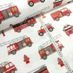 Tissu coton Camion de Pompiers Fond Blanc | Tissus Loup