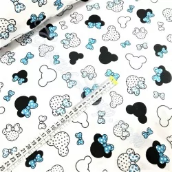 Tissu Coton Minnie-Mickey-Mouse Petite Tête Nœud bleu turquoise | Tissus Loup