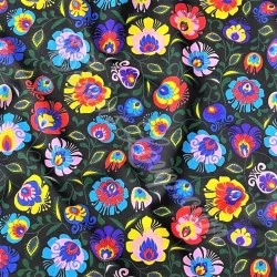 Tissu Coton Fleurs Folkloriques Fond Noir | Tissus Loup