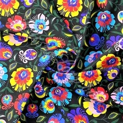 Tissu Coton Fleurs Folkloriques Fond Noir | Tissus Loup