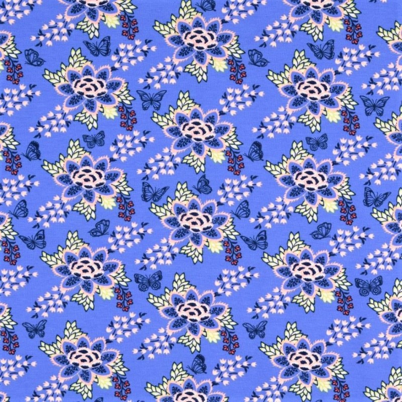 Tissu Jersey Fleur et Papillon fond bleu vif | Tissus Loup
