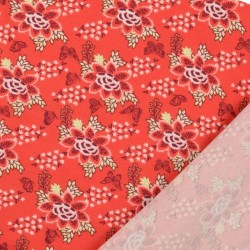 Tissu Jersey Fleur et Papillon fond Corail | Tissus Loup