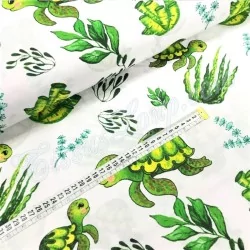 Tissu en Coton imprimé avec des Tortues des mers vertes et des plantes | Tissus Loup