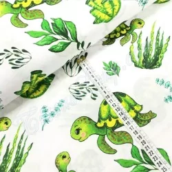 Tissu en Coton imprimé avec des Tortues des mers vertes et des plantes | Tissus Loup