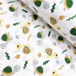 Tissu en Coton imprimé avec des Petites Tortues marines vertes et des plantes | Tissus Loup
