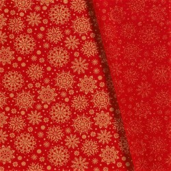 Tissu Coton Flocons de Neige Dorés Fond Rouge | Tissus Loup