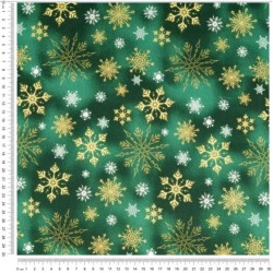 Tissu Coton Flocons de Neige dorés et Blanc fond vert | Tissus Loup