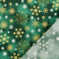 Tissu Coton Flocons de Neige dorés et Blanc fond vert | Tissus Loup