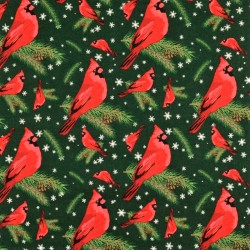 Tissu Coton Oiseau de Noel Rouge-Gorge fond vert | Tissus Loup