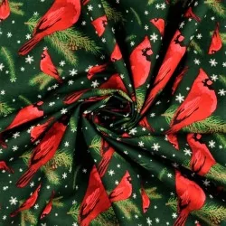 Tissu Coton Oiseau de Noël Rouge-Gorge fond vert | Tissus Loup