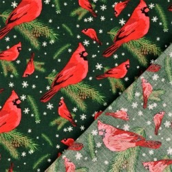 Tissu Coton Oiseau de Noël Rouge-Gorge fond vert | Tissus Loup