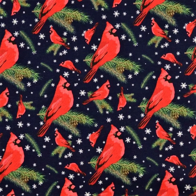 Tissu Coton Oiseau de Noël Rouge-Gorge fond bleu marine | Tissus Loup