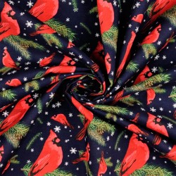 Tissu Coton Oiseau de Noël Rouge-Gorge fond bleu marine | Tissus Loup