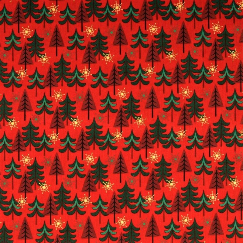 Tissu Coton Sapins de Noël et Flocons de Neige Dorés Fond Rouge | Tissus Loup