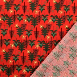 Tissu Coton Sapins de Noël et Flocons de Neige Dorés Fond Rouge | Tissus Loup