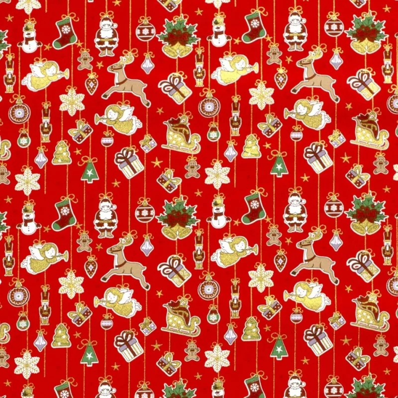 Tissu Coton Décoration de Noël fond rouge |Tissus Loup