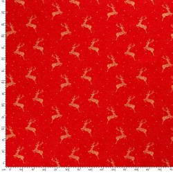 Tissu Coton Rennes de Noël Dorés Fond rouge | Tissus Loup