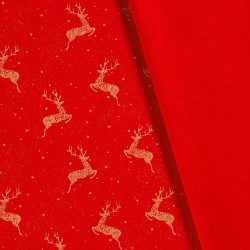 Tissu Coton Rennes de Noël Dorés Fond rouge | Tissus Loup