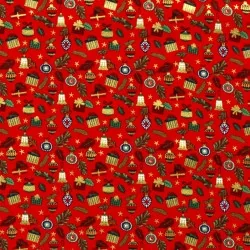 Tissu Coton Cadeaux et Boules de Noël fond rouge |Tissus Loup