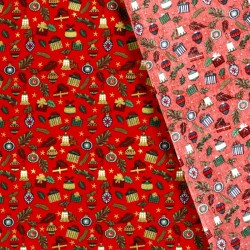 Tissu Coton Cadeaux et Boules de Noël fond rouge |Tissus Loup
