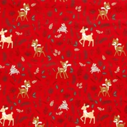 Tissu Coton Biche Lapin et Renne de Noël fond rouge |Tissus Loup