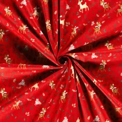 Tissu Coton Biche Lapin et Renne de Noël fond rouge |Tissus Loup