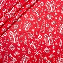 Tissu Coton Cadeaux et Sapin de Noël Fond Rouge | Tissus Loup