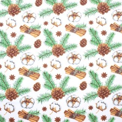 Tissu Coton de Noël Fleur de Coton Pomme de pin et et Cannelle | Tissus Loup
