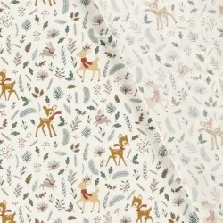 Tissu Coton Biche Lapin et Renne de Noël fond blanc |Tissus Loup