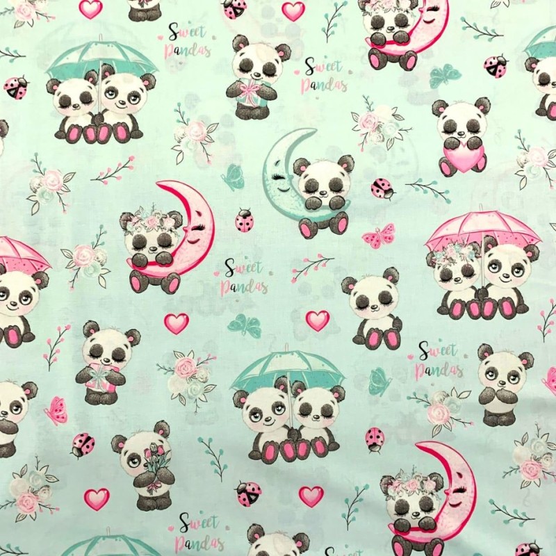 Tissu Coton Pandas Amoureux Fond Vert Menthe | Tissus Loup