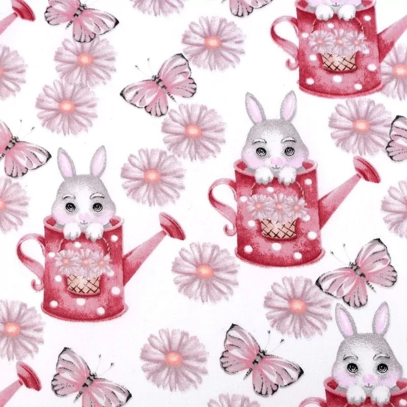 Tissu Coton Lapin et Arrosoir Rose | Tissus Loup