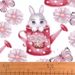 Tissu Coton Lapin et Arrosoir Rose | Tissus Loup