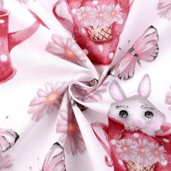 Tissu Coton Lapin et Arrosoir Rose | Tissus Loup