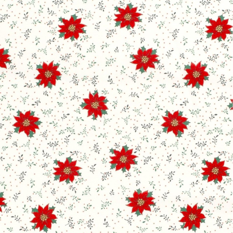 Tissu Coton Fleur l’étoile rouge de Noël fond blanc | Tissus Loup