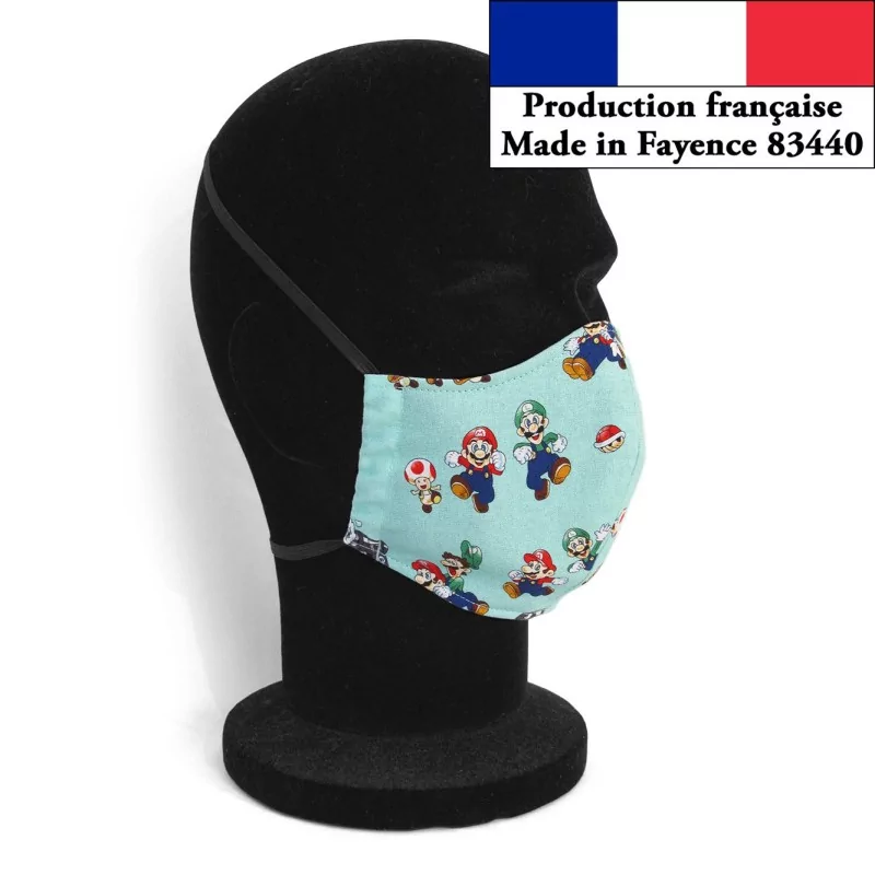 Masque protection barrière Mario Luigi turquoise design à la mode réutilisable AFNOR | Tissus Loup