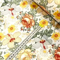 Tissu Coton Roses Hibiscus et Fleurs Jaunes | Tissus Loup