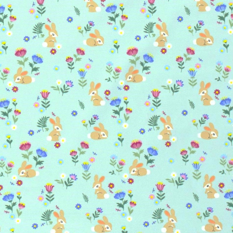 Tissu Jersey coton Lapins et fleurs fond turquoise clair | Tissus Loup