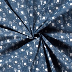 Tissu Jean stretch imprimé bleu clair Éléphant Lion et Palmier | Tissus Loup