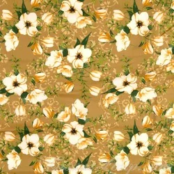 Tissu Coton Fleurs Blanches Philadelphus Fond Moutarde | Tissus Loup