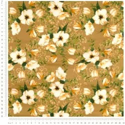 Tissu Coton Fleurs Blanches Philadelphus Fond Moutarde | Tissus Loup