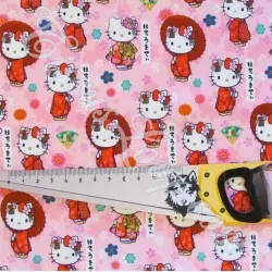 Tissu Coton Hello Kitty Kimono fond rose | Tissus Loup