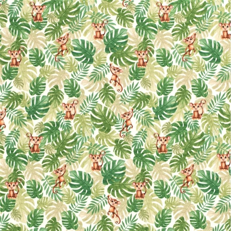 Tissu Jersey Petit Singe et Feuillage Monstera | Tissus Loup