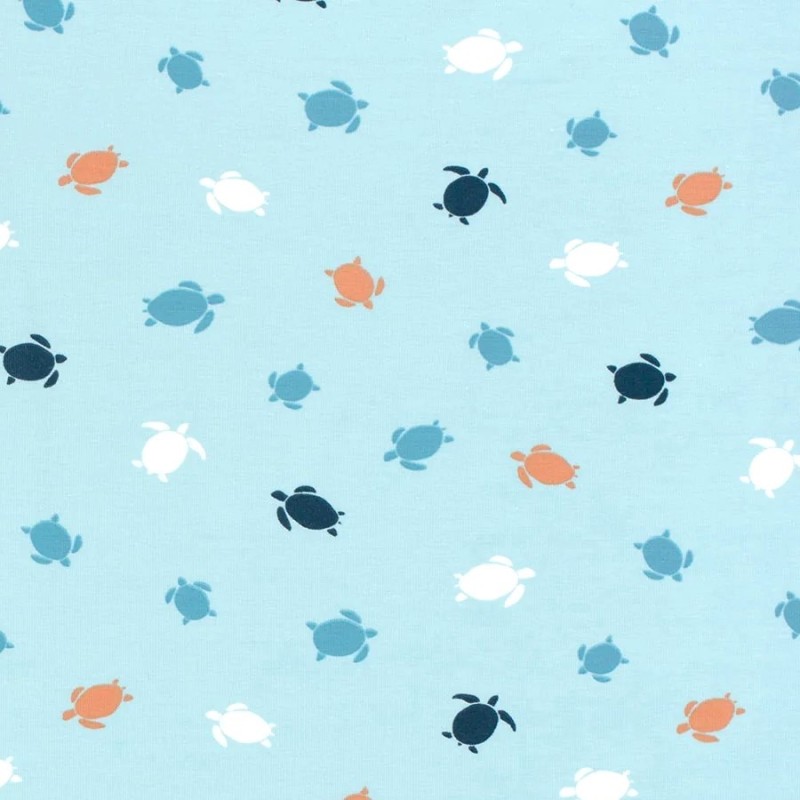 Tissu Jersey coton Tortues marines fond bleu turquoise | Tissus Loup