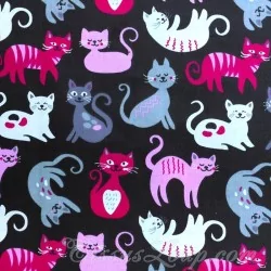 Tissu Chats Adorables Rose Gris et Blanc Fond Noir Coton | Tissus Loup