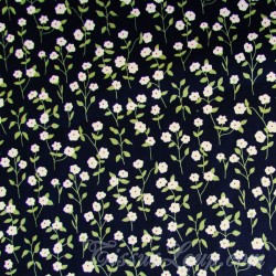 Tissu Coton Fleurs Blanches Feuilles Vertes Fond Noir | Tissus Loup