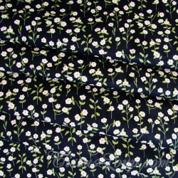 Tissu Coton Fleurs Blanches Feuilles Vertes Fond Noir | Tissus Loup